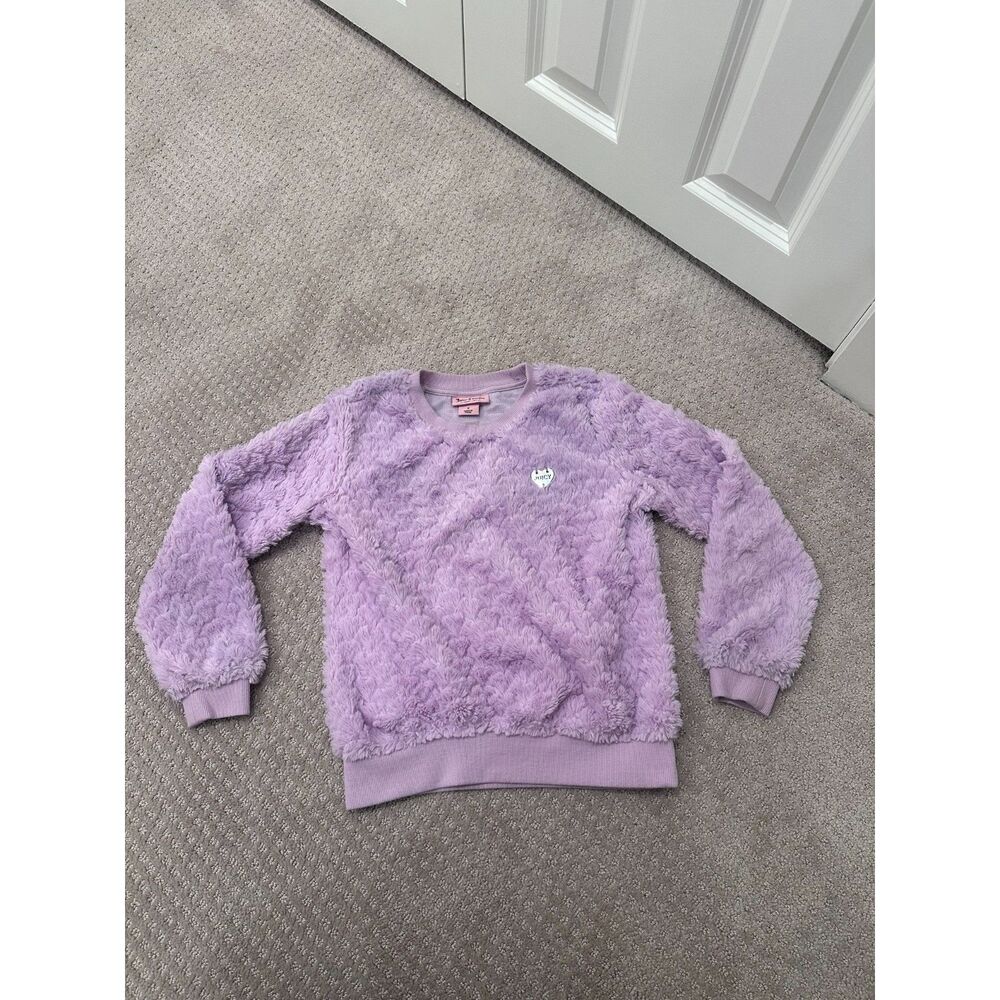 Juicy Couture Girls Purple Faux Fur Fuzzy Heart Sweatshirt Size 8 Y2K